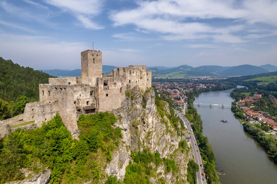 Aerial view of the Strecno castle in Slovakia