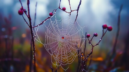 Close-Up of Morning Dew Drops on a Spider Web Sparkling in the Early Sunlight