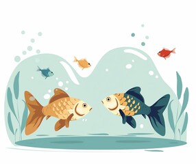 Naklejka premium Colorful Fish in an Illustrated Aquarium with Plants and Bubbles