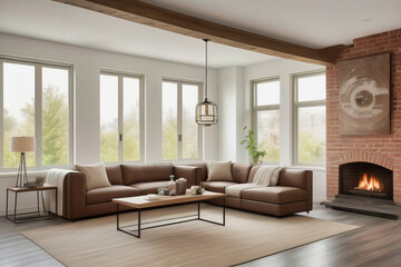 Fototapeta premium Diseño interior de hogar moderno de living con detalles en ladrillo y madera, colores claros