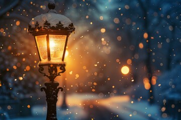 A warm streetlamp illuminates a snowy pathway at dusk during a winter wonderland