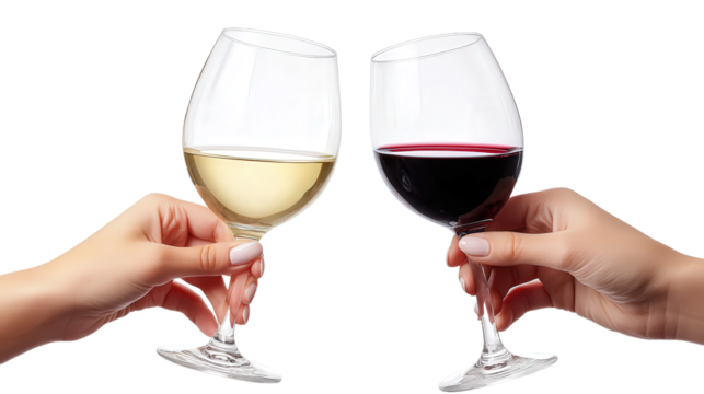 two hands holding glass of red and white wine  isolated transparent png background