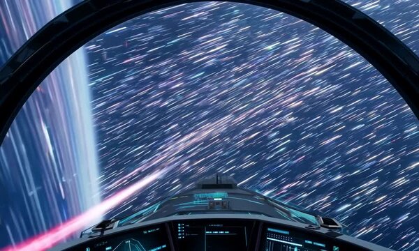 Spacecraft cockpit view during hyperspace jump