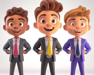 Naklejka premium 3D Illustration of Three Young Happy Businessmen in Colorful Suits on White Background, Smiling Confidently.