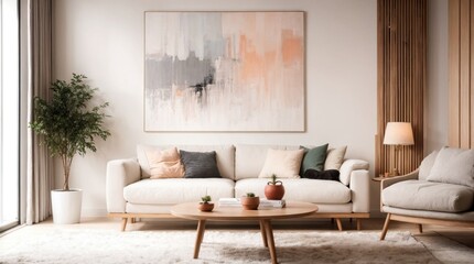 Fototapeta premium Calm relaxation space with plush couch, contemporary art, and cozy lighting 