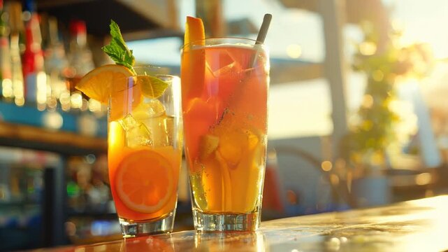 Sweet and fruity beverages garnished with a slice of lemon