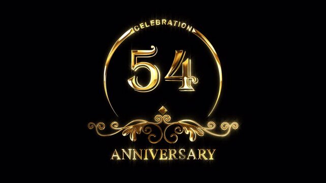 54th Anniversary Celebration. Happy 54 Years Anniversary Animation in Gold Color on the Transparent Background, Alpha Channel. Great for greetings, celebrations, events, and gifts.