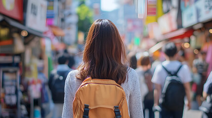 Obraz premium Japanese lady from behind walking down a crowded street