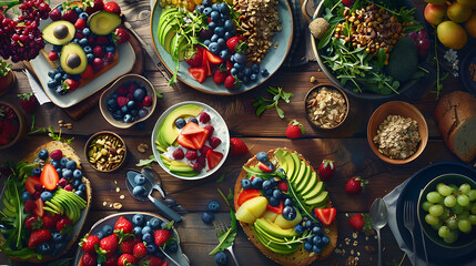 Fototapeta premium healthy food table top view featuring avocado toast, fresh fruits like strawberries and blueberries, bowls of yogurt with granola and nuts, directly above view, all arranged on a rustic wooden table.