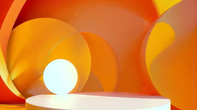A digital artwork with surreal abstract shapes in orange glow. Includes geometric elements and floating sphere.