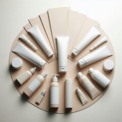 A visually striking arrangement of various white cosmetic and skincare packaging on a soft beige background, ideal for branding, marketing, or product presentation.