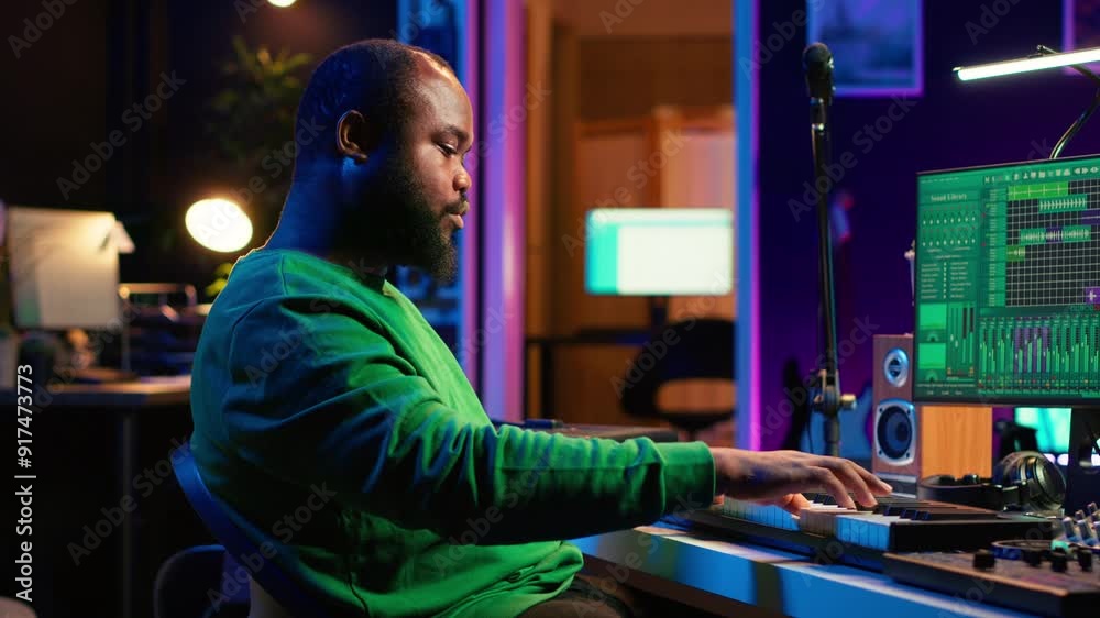 Poster Modern producer playing piano keys to record new soundtrack, trying to produce song using midi controller electronic keyboard. Songwriter composer playing instrument notes to create tunes. Camera A.
