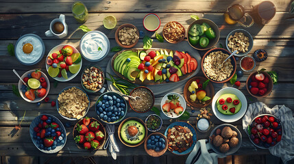 healthy food table top view featuring avocado toast, fresh fruits like strawberries and blueberries, bowls of yogurt with granola and nuts, directly above view, all arranged on a rustic wooden table.