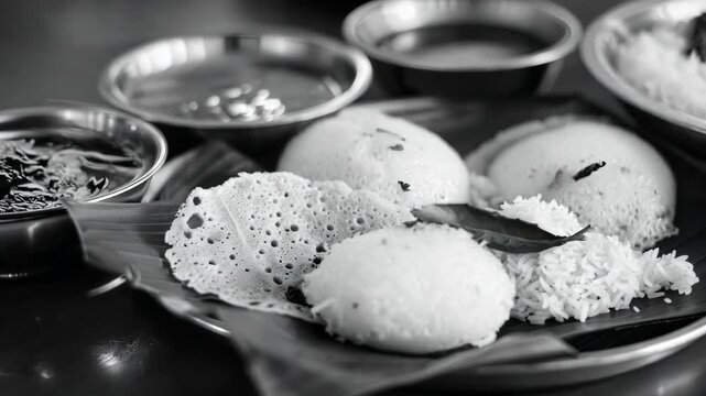 Close-up   graph of a meal including dough, rice, dal and curry