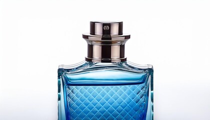 Blue bottle of perfume close up isolated on white background. 