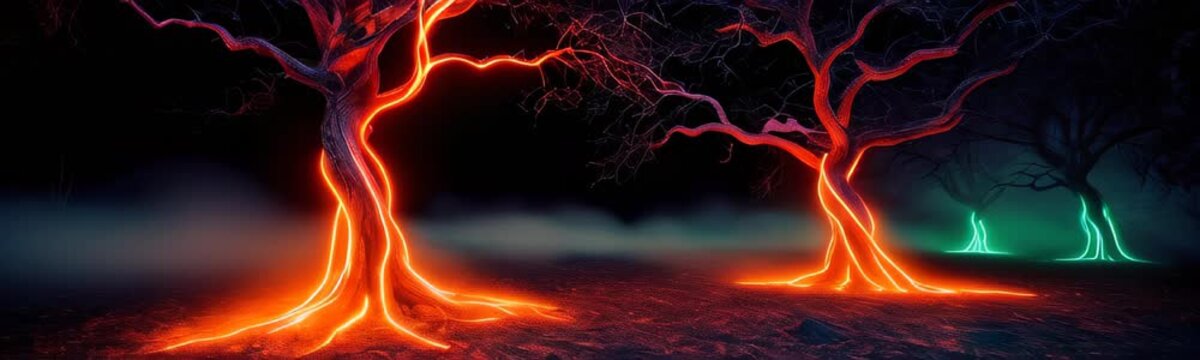 A haunting landscape with glowing trees in a dark misty forest. The trees emit an eerie orange and green light. Halloween web site banner