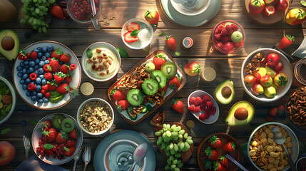 healthy food table top view featuring avocado toast, fresh fruits like strawberries and blueberries, bowls of yogurt with granola and nuts, directly above view, all arranged on a rustic wooden table.