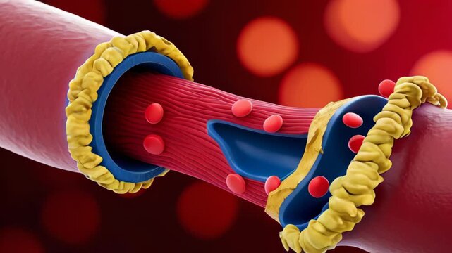 blood clot clogs vessel affected by cholesterol plaque cross section view. cross-section of clogged artery. artery is partially blocked by yellow plaque deposits, with red blood cells visible inside
