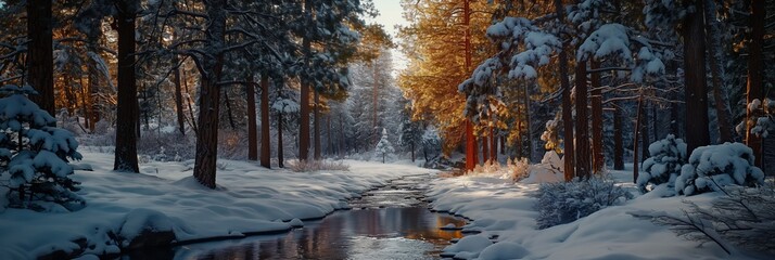 A snow-covered forest showcasing a river glistening under the sunlight, creating a serene and glowing winter scene.