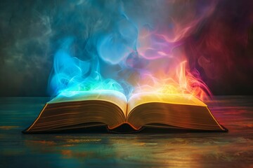 An open book with mystical, colorful smoke emerging from its pages, creating an enchanting and magical atmosphere.