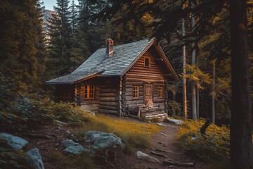 A charming wooden cabin nestled in a lush forest setting, perfect for nature lovers seeking tranquility and comfort.