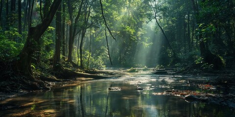 Obraz premium A serene forest stream bathed in sunlight, highlighting the lush green foliage and creating a tranquil natural scene.