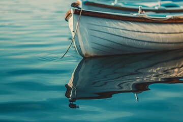 Obraz premium A rowing boat floating on calm blue waters, with a serene reflection, highlighting the peacefulness of the scene.