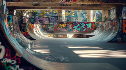 Naklejka premium Skate Park Surrounded by Urban Graffiti Captured in 4K Vivid Ultra HD