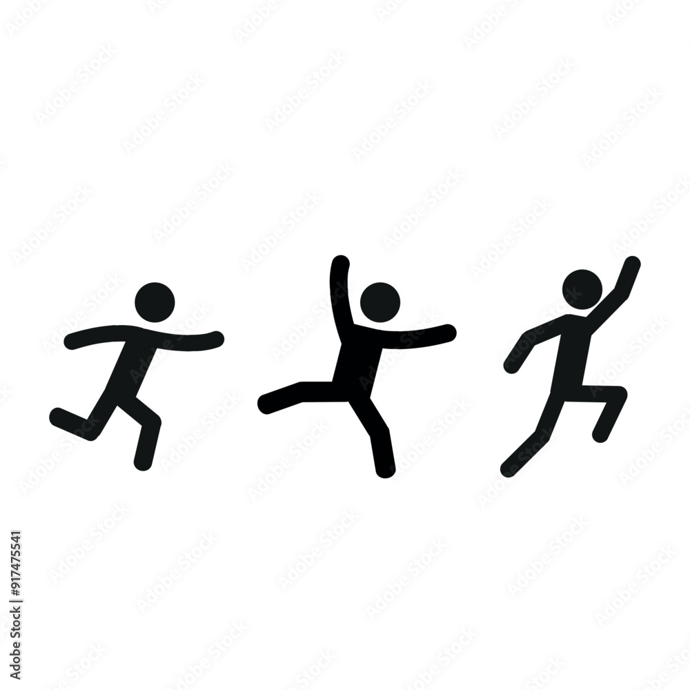 Sticker stick man, pictogram of a human figure, a man running, jumping up, doing a wheel, playing sports