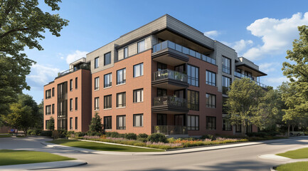 Obraz premium Rendering of a Four-Story Apartment Building with a Hip Roof
