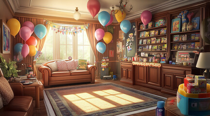 Lively Family Room Prepared for a Retirement Celebration with Vibrant Decor