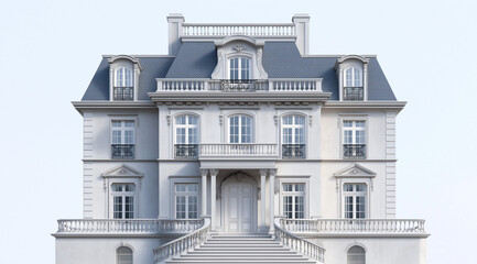 Fototapeta premium Regal Three-Story Manor with a Pyramid Roof and Plastic Architectural Elements