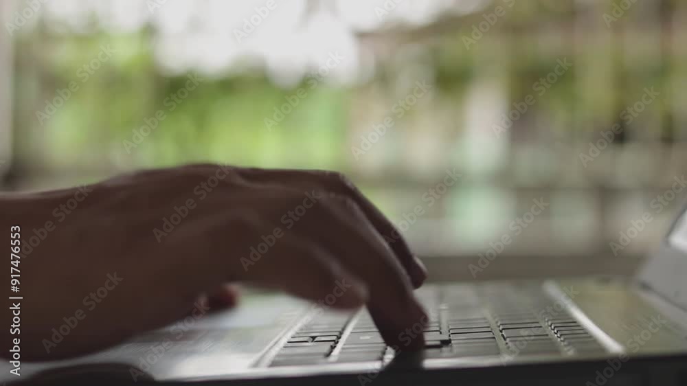 Aufkleber Close up of freelancer's developer hands typing program code on laptop keyboard in coworking. Businessman at work in working in cafe. Copywriter writing text on computer keyboard in coffee shop.