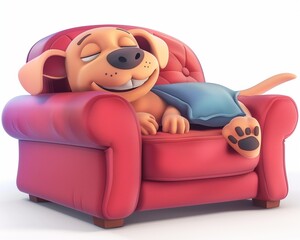 Cute Cartoon Dog Sleeping on a Red Armchair Illustration for Kids and Pet Decor.