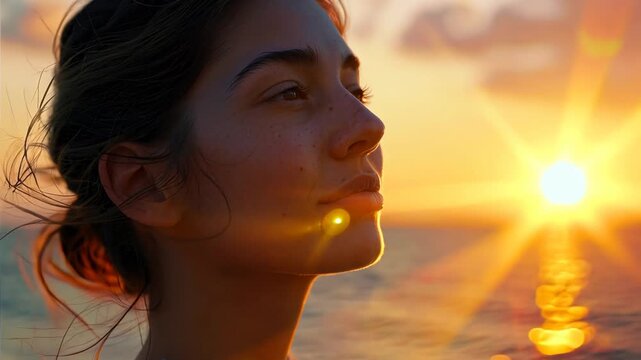 Female gazing at sunset over ocean with reflections on water