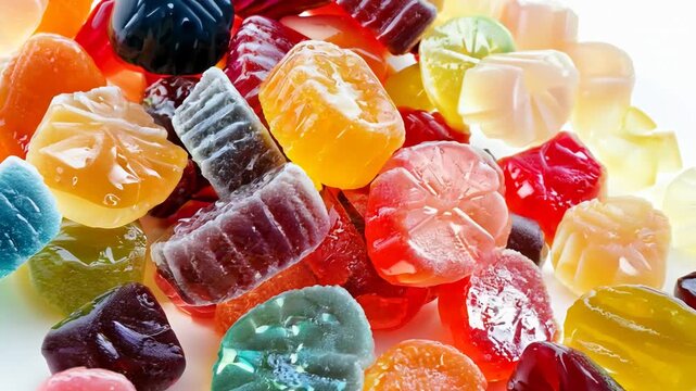 Gelatin candy in various colors and flavors, including orange, blueberry, strawberry, lemon, pineapple, and raspberry.