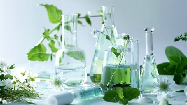 Scientific experiment with beakers, test tubes, and herbs, blend of chemistry research and natural plant ingredients