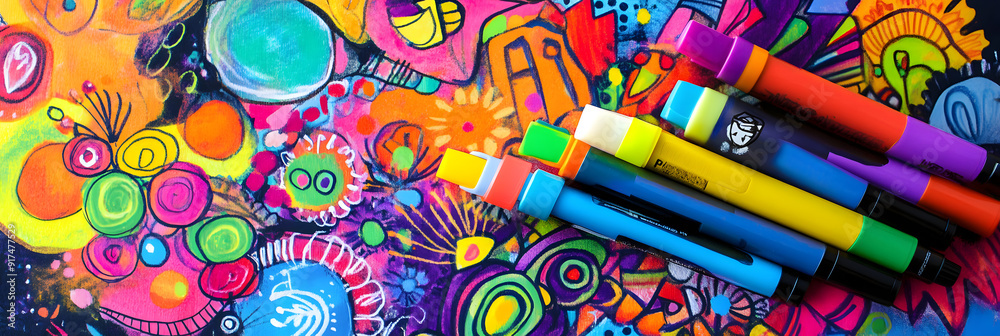 Wall mural rainbow-colored markers alongside an open sketchbook