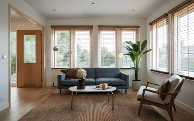 Fototapeta premium Fresh and Modern Living Room with White Door and Window Blinds, Illuminated by Natural Light.