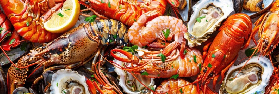 Close up of a generous cold seafood platter showcasing lobsters prawns shrimps oysters clams crabs and langoustines from a high angle perspective
