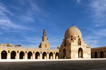 Mosque of Ibn Tulun in Cairo with spiral minaret. medieval Cairo. Egypt.