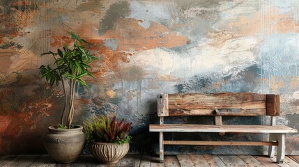 Wood furniture and decor by painted wall