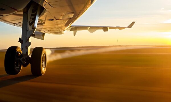 Passenger aircraft landing Close up. Passenger airplane landing towards the runway during sunset. Wheels touchdown close up shot. 4k video