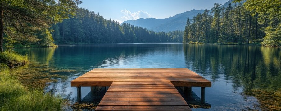 Wooden deck at lake under blue sky