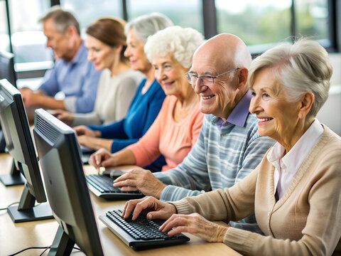 Courses for adults, elderly people learning computer literacy at a laptop, men and women work at a computer, demonstrating curiosity of modern seniors towards technology - Powered by Adobe