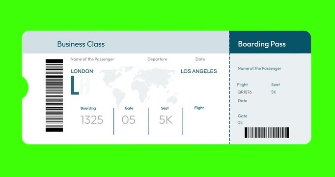 London to Los Angeles Flight 4K Animation with Business class boarding pass ticket. Traveling concept background
