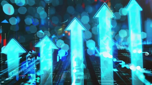 Stock   of modern technology with upward trend lines in blue and green colors. Symbolizing growth, development, financial markets, futuristic innovation.