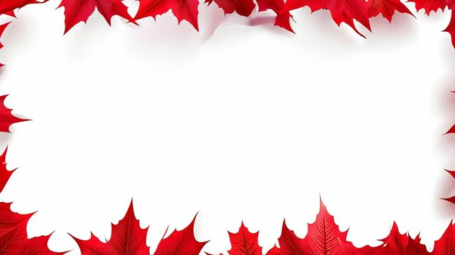 Maple leaves on the ground symbolize fall and Canadian pride. The   features red maple leafs with a soft, blurred background.