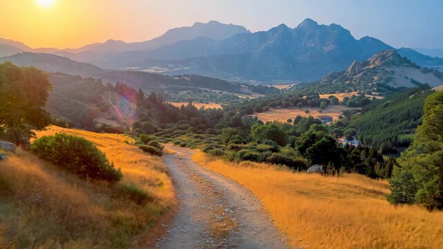 breathtaking nature scenery of rural countryside, country road with endless green forest mountain with yellow grass field 