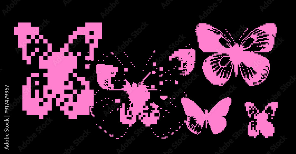 Aufkleber pixel art collage with images of distorted butterfly silhouettes. illustration in webcore aesthetics